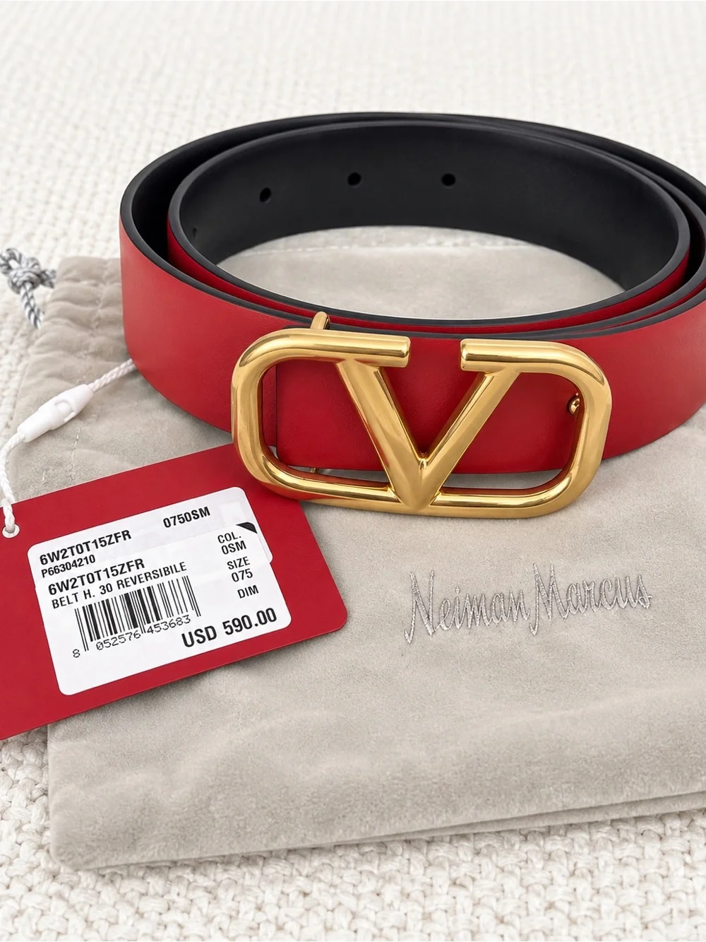 Valentino Garavani VLogo Signature Reversible Belt 30mm Black/Red Size 75 NWT